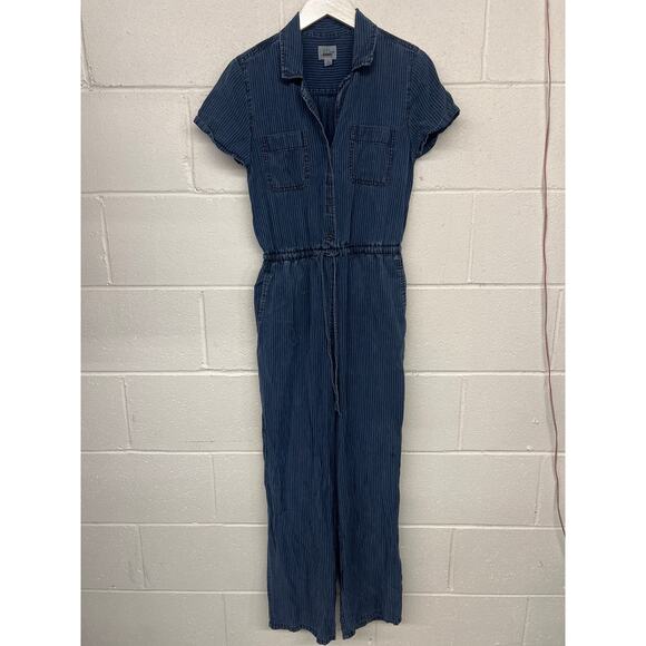 J.Crew Sz 0 Blue Short Sleeve Wide Leg Pinstripe Drawstring Lyocell Jumpsuit 1pc - Picture 2 of 6